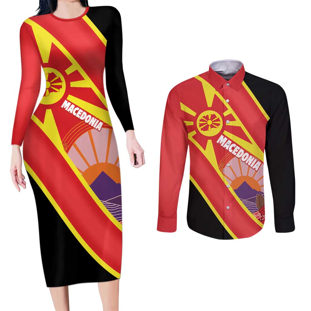 Personalised Macedonia National Day Couples Matching Long Sleeve Bodycon Dress and Long Sleeve Button Shirt New Sun of Liberty Waves Style - Wonder Print Shop