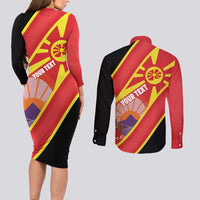 Personalised Macedonia National Day Couples Matching Long Sleeve Bodycon Dress and Long Sleeve Button Shirt New Sun of Liberty Waves Style - Wonder Print Shop