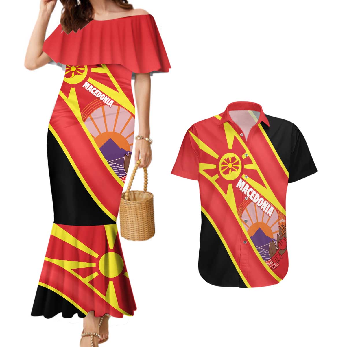 Personalised Macedonia National Day Couples Matching Mermaid Dress and Hawaiian Shirt New Sun of Liberty Waves Style - Wonder Print Shop