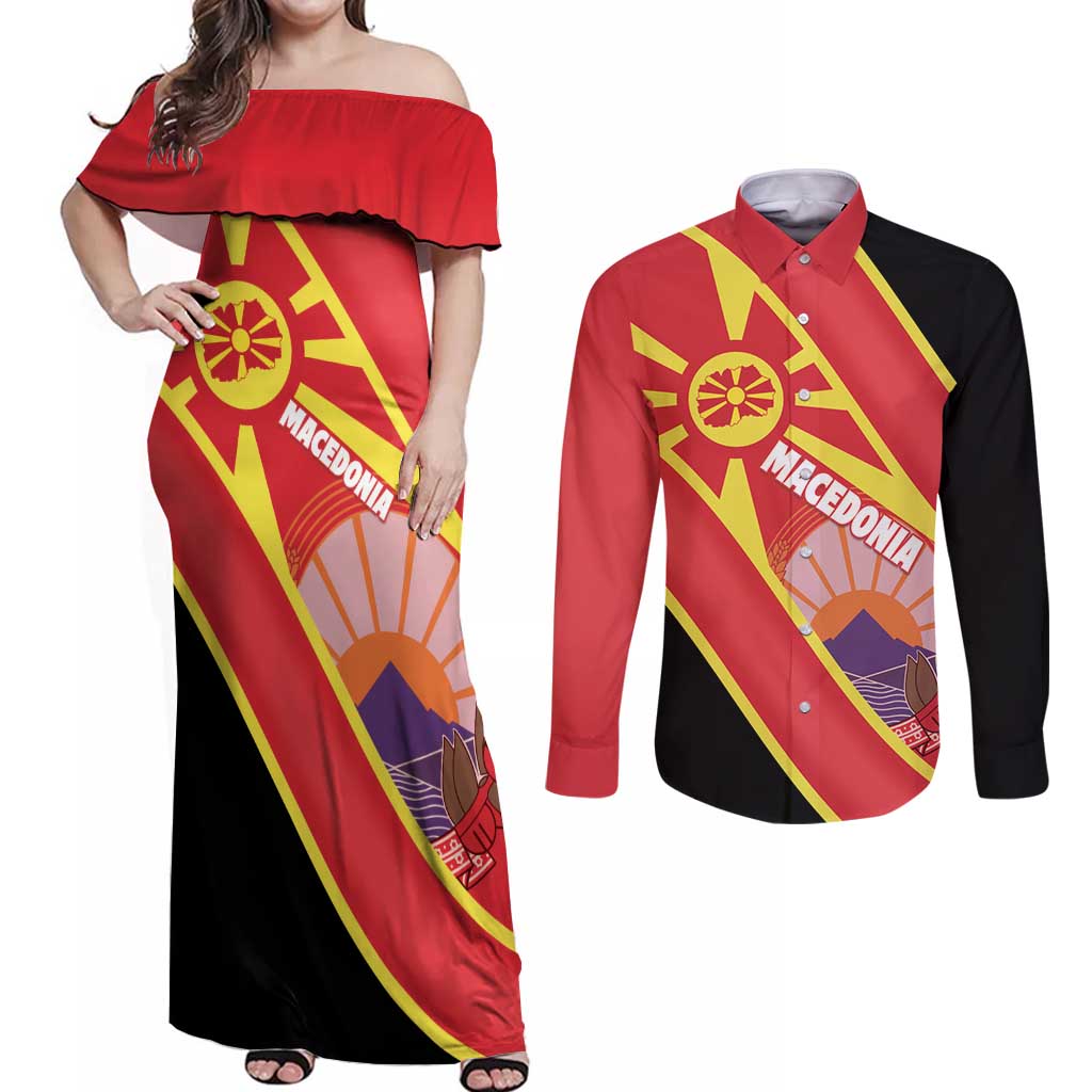 Personalised Macedonia National Day Couples Matching Off Shoulder Maxi Dress and Long Sleeve Button Shirt New Sun of Liberty Waves Style - Wonder Print Shop