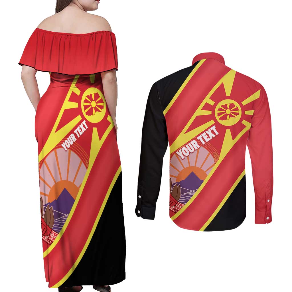 Personalised Macedonia National Day Couples Matching Off Shoulder Maxi Dress and Long Sleeve Button Shirt New Sun of Liberty Waves Style - Wonder Print Shop