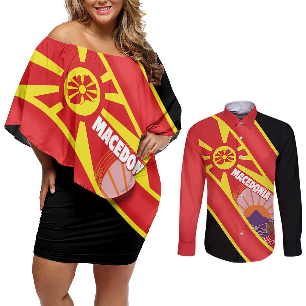Personalised Macedonia National Day Couples Matching Off Shoulder Short Dress and Long Sleeve Button Shirt New Sun of Liberty Waves Style - Wonder Print Shop