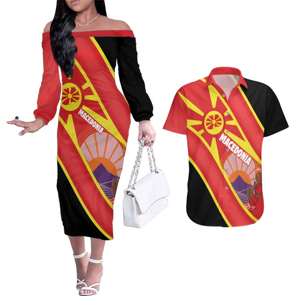 Personalised Macedonia National Day Couples Matching Off The Shoulder Long Sleeve Dress and Hawaiian Shirt New Sun of Liberty Waves Style - Wonder Print Shop