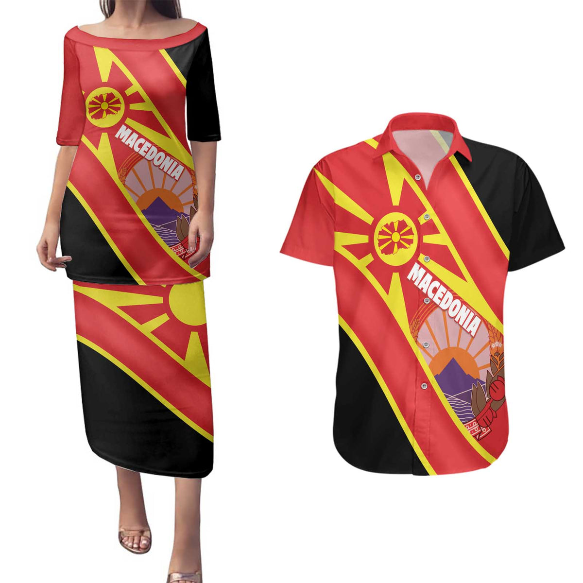 Personalised Macedonia National Day Couples Matching Puletasi and Hawaiian Shirt New Sun of Liberty Waves Style - Wonder Print Shop