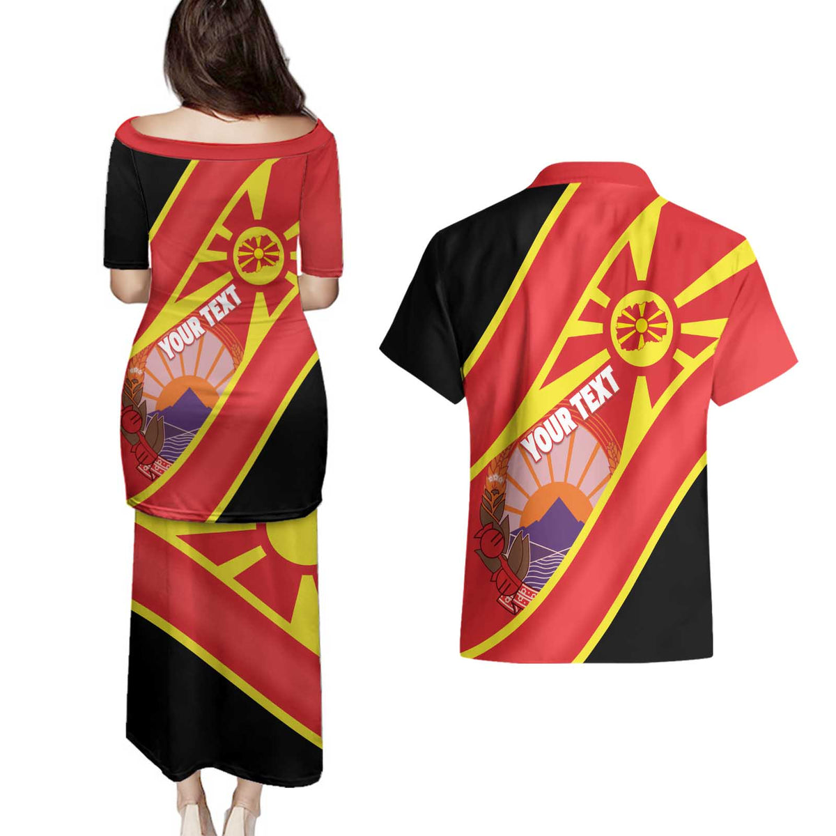 Personalised Macedonia National Day Couples Matching Puletasi and Hawaiian Shirt New Sun of Liberty Waves Style - Wonder Print Shop