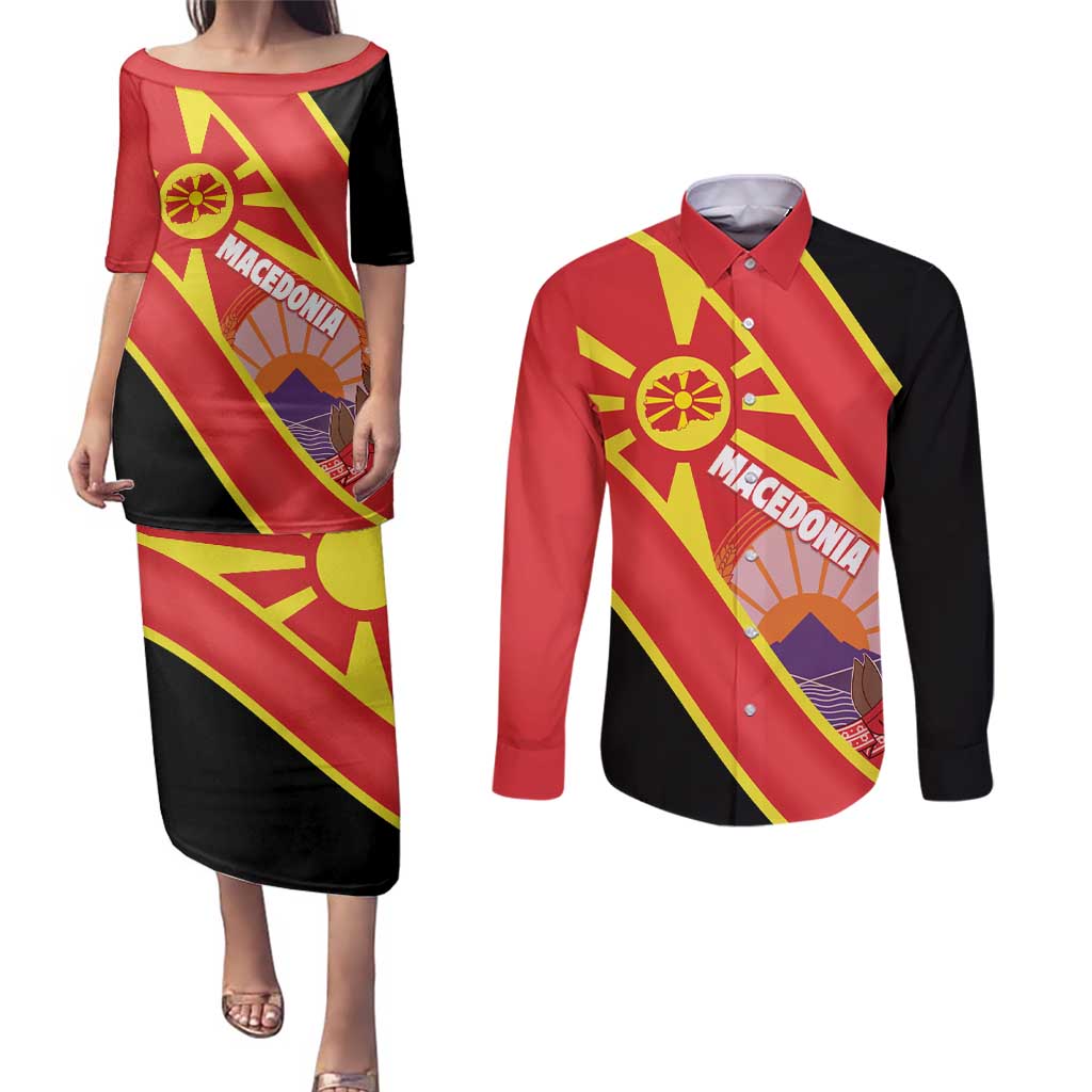 Personalised Macedonia National Day Couples Matching Puletasi and Long Sleeve Button Shirt New Sun of Liberty Waves Style - Wonder Print Shop