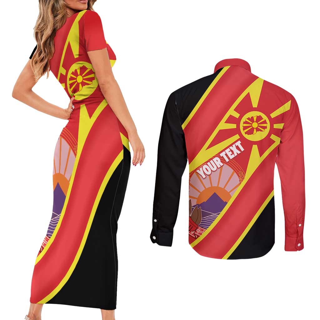Personalised Macedonia National Day Couples Matching Short Sleeve Bodycon Dress and Long Sleeve Button Shirt New Sun of Liberty Waves Style - Wonder Print Shop