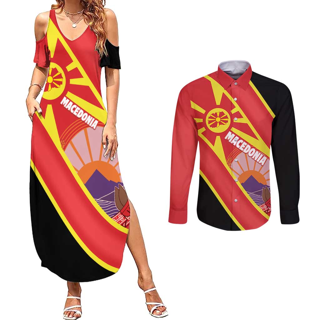 Personalised Macedonia National Day Couples Matching Summer Maxi Dress and Long Sleeve Button Shirt New Sun of Liberty Waves Style - Wonder Print Shop