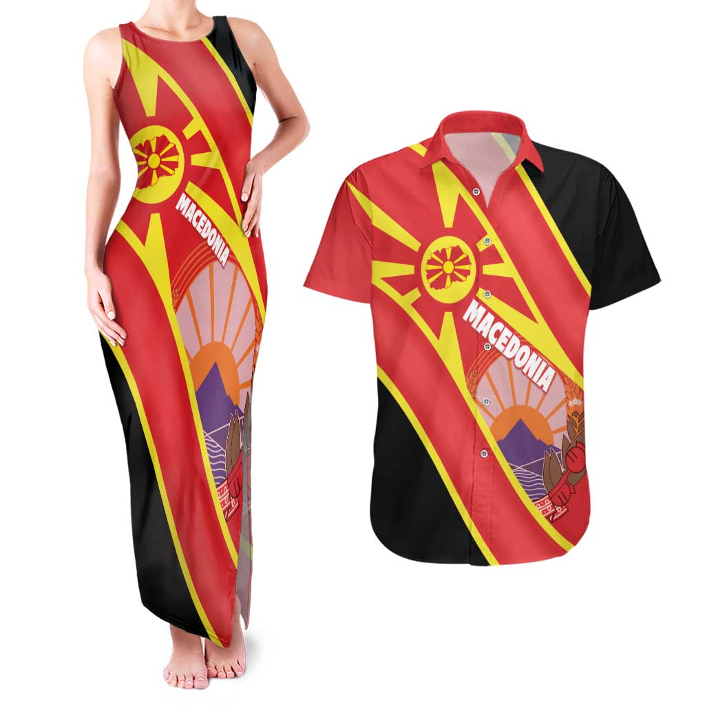 Personalised Macedonia National Day Couples Matching Tank Maxi Dress and Hawaiian Shirt New Sun of Liberty Waves Style - Wonder Print Shop