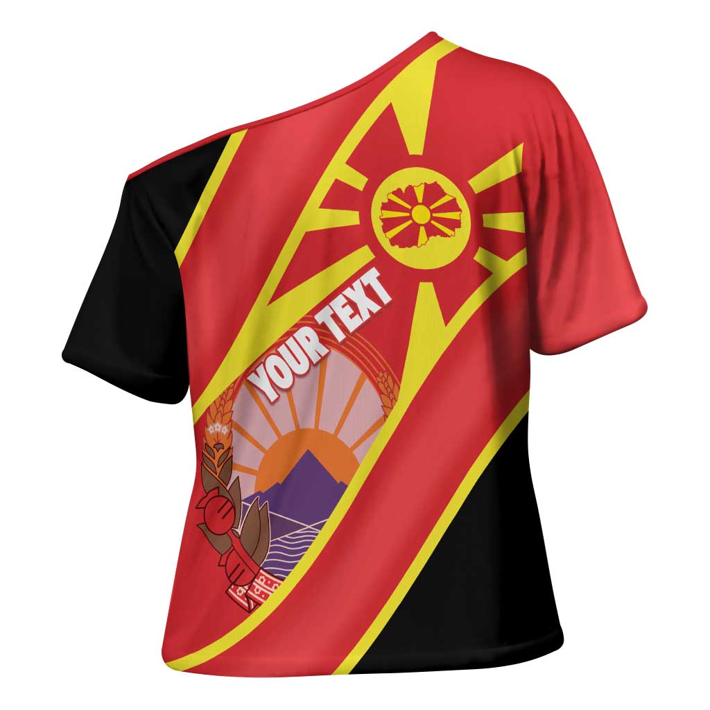 Personalised Macedonia National Day Cross Shoulder Shirt New Sun of Liberty Waves Style - Wonder Print Shop