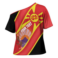 Personalised Macedonia National Day Cross Shoulder Shirt New Sun of Liberty Waves Style - Wonder Print Shop