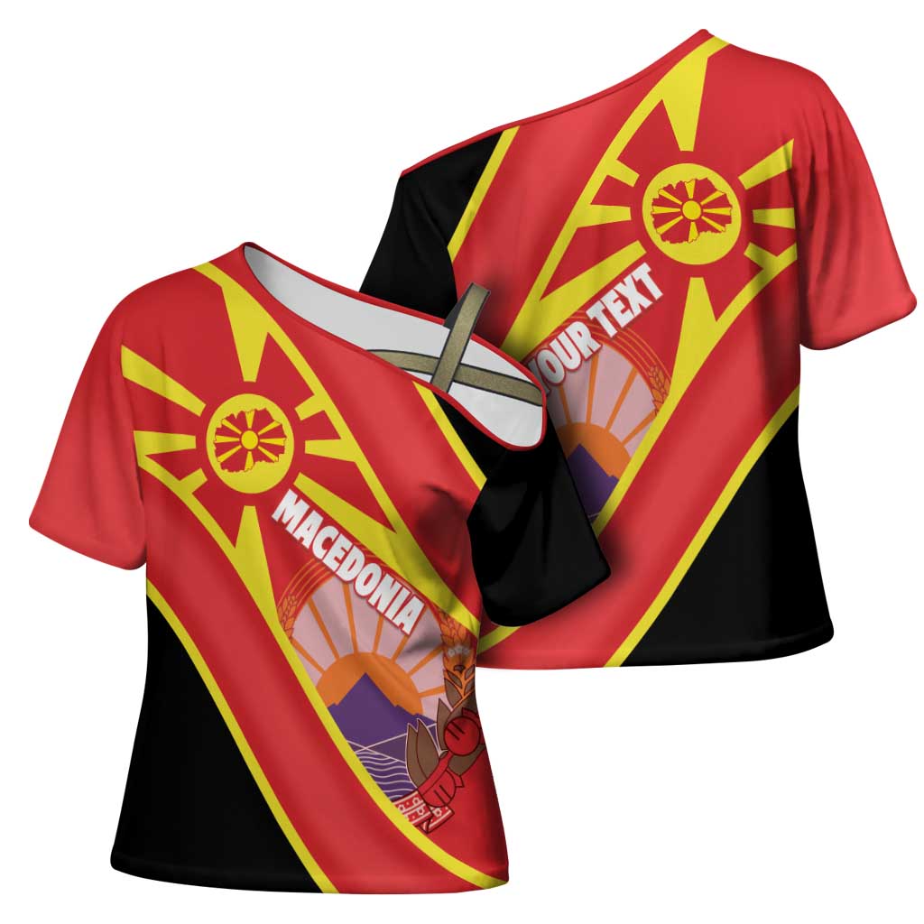 Personalised Macedonia National Day Cross Shoulder Shirt New Sun of Liberty Waves Style - Wonder Print Shop