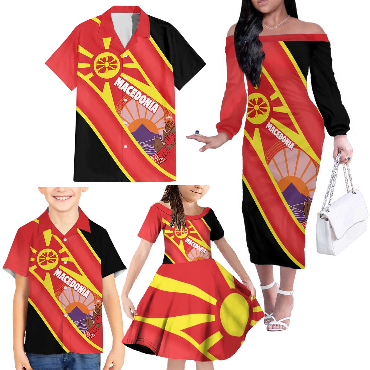 Personalised Macedonia National Day Family Matching Off The Shoulder Long Sleeve Dress and Hawaiian Shirt New Sun of Liberty Waves Style - Wonder Print Shop