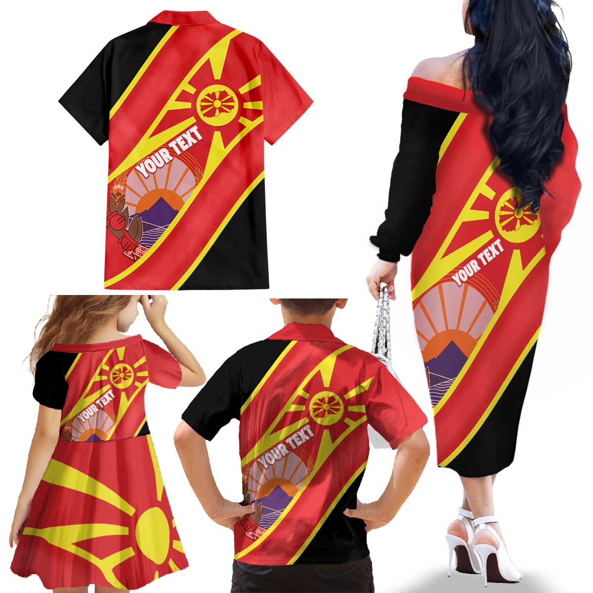 Personalised Macedonia National Day Family Matching Off The Shoulder Long Sleeve Dress and Hawaiian Shirt New Sun of Liberty Waves Style - Wonder Print Shop