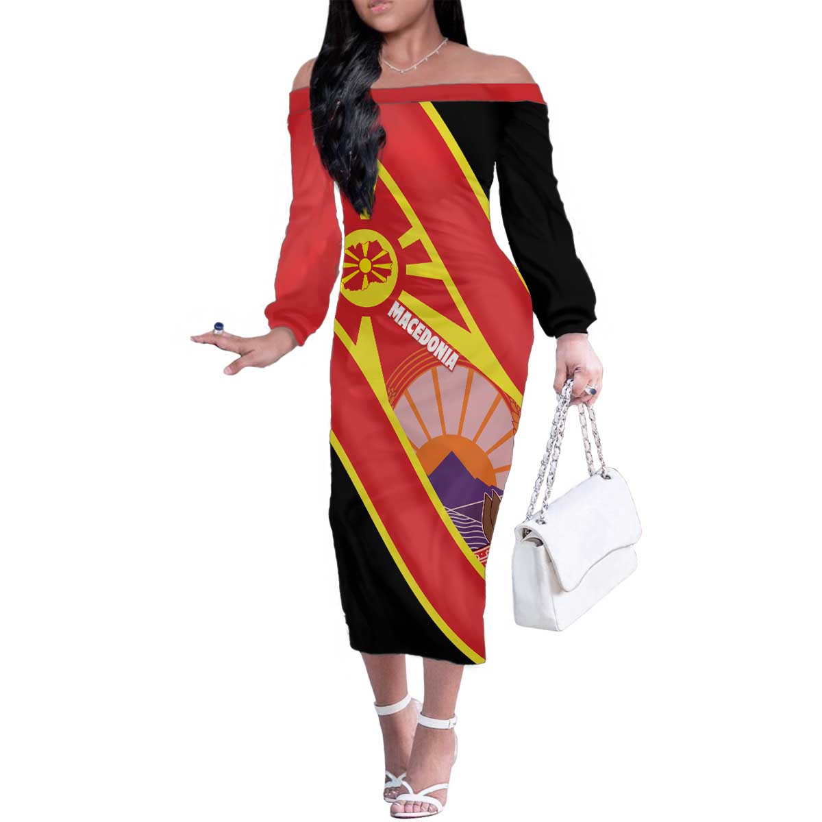 Personalised Macedonia National Day Family Matching Off The Shoulder Long Sleeve Dress and Hawaiian Shirt New Sun of Liberty Waves Style - Wonder Print Shop