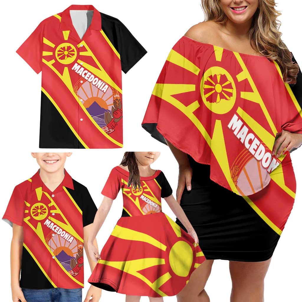 Personalised Macedonia National Day Family Matching Off Shoulder Short Dress and Hawaiian Shirt New Sun of Liberty Waves Style - Wonder Print Shop