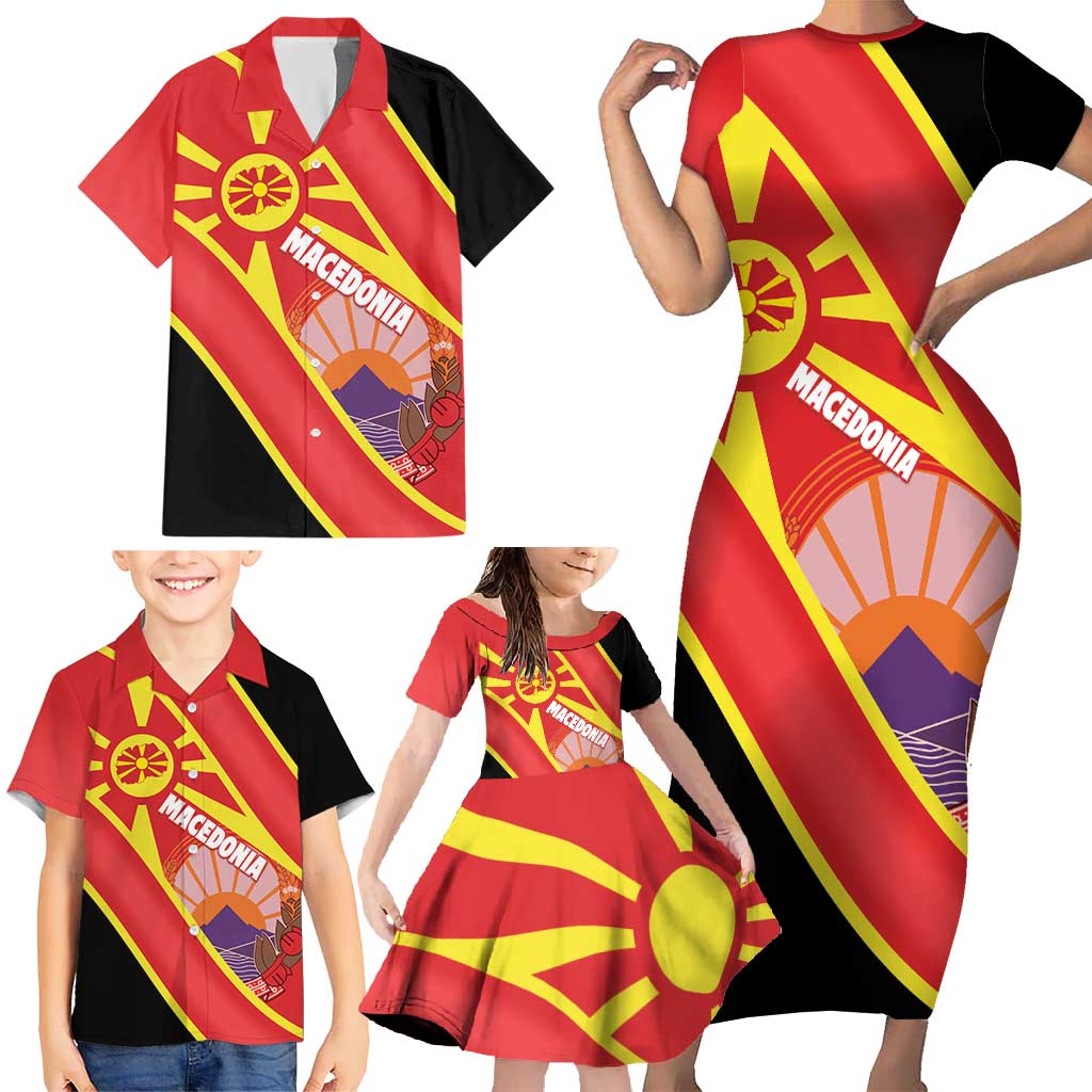 Personalised Macedonia National Day Family Matching Short Sleeve Bodycon Dress and Hawaiian Shirt New Sun of Liberty Waves Style - Wonder Print Shop