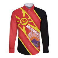 Personalised Macedonia National Day Long Sleeve Button Shirt New Sun of Liberty Waves Style - Wonder Print Shop