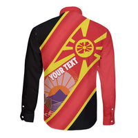 Personalised Macedonia National Day Long Sleeve Button Shirt New Sun of Liberty Waves Style - Wonder Print Shop