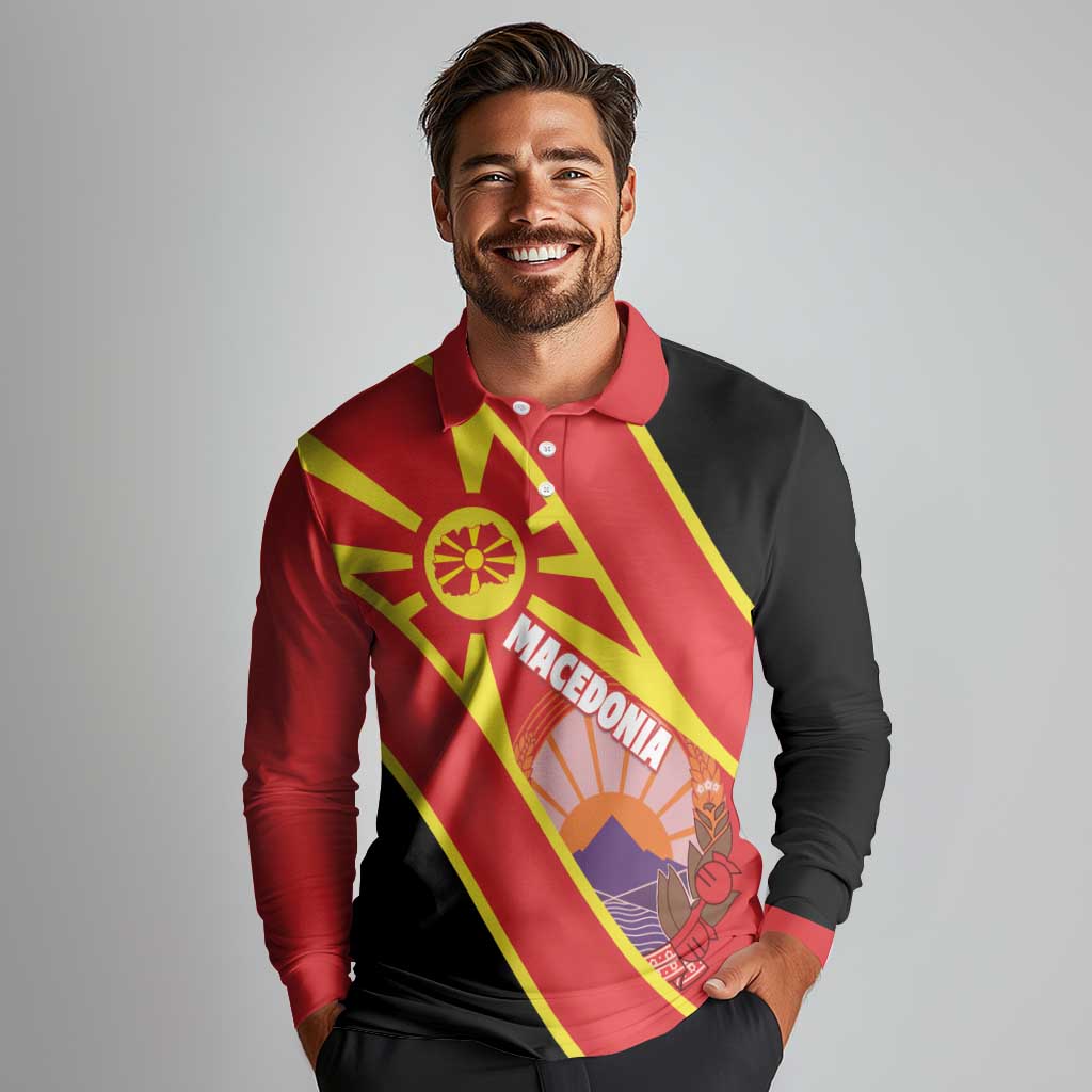 Personalised Macedonia National Day Long Sleeve Polo Shirt New Sun of Liberty Waves Style - Wonder Print Shop