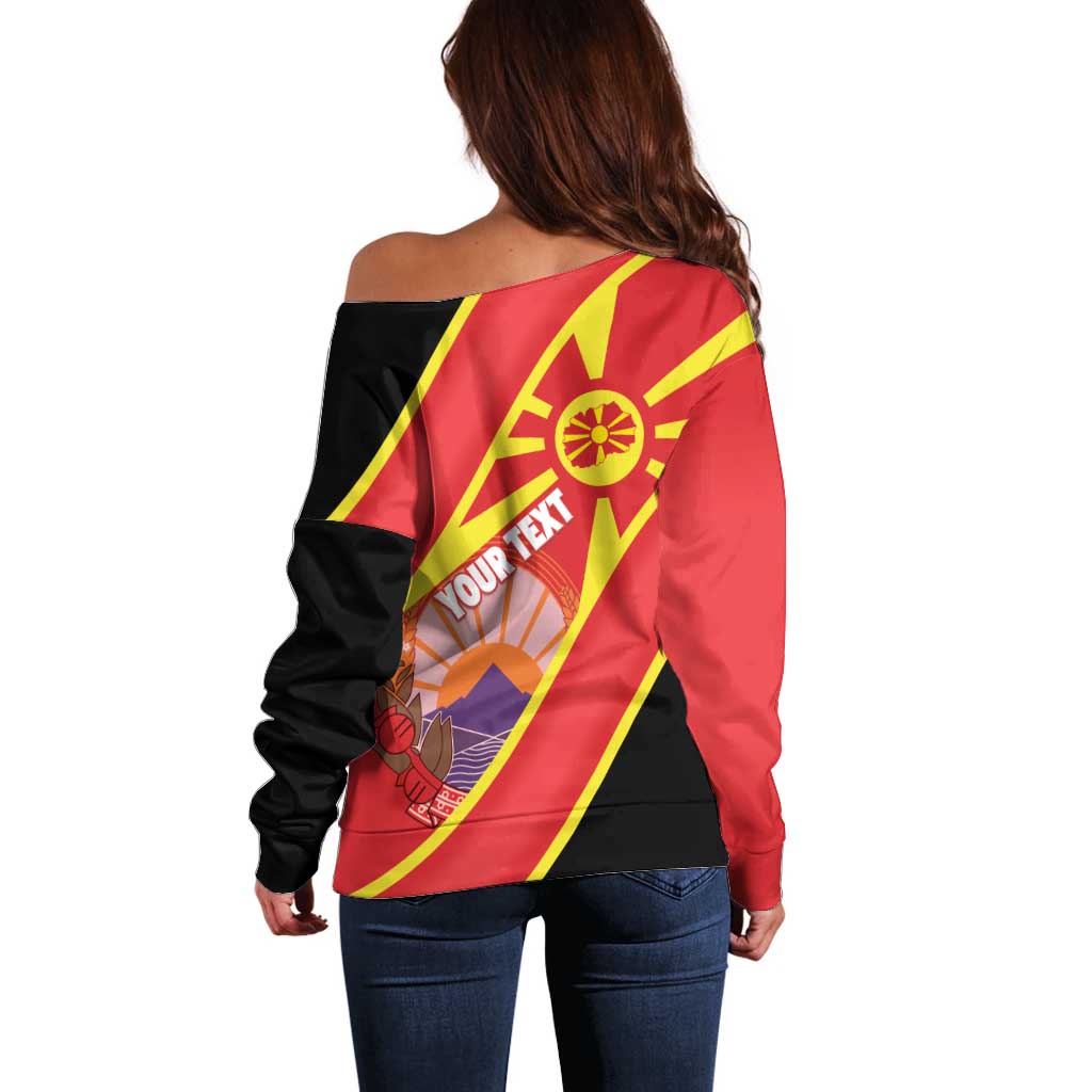 Personalised Macedonia National Day Off Shoulder Sweater New Sun of Liberty Waves Style - Wonder Print Shop