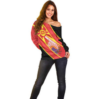 Personalised Macedonia National Day Off Shoulder Sweater New Sun of Liberty Waves Style - Wonder Print Shop