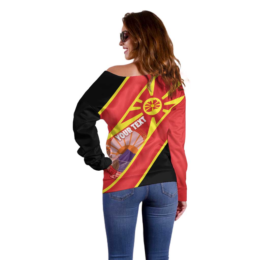 Personalised Macedonia National Day Off Shoulder Sweater New Sun of Liberty Waves Style - Wonder Print Shop