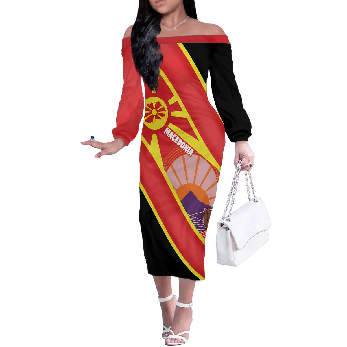 Personalised Macedonia National Day Off The Shoulder Long Sleeve Dress New Sun of Liberty Waves Style - Wonder Print Shop