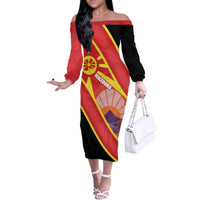 Personalised Macedonia National Day Off The Shoulder Long Sleeve Dress New Sun of Liberty Waves Style - Wonder Print Shop