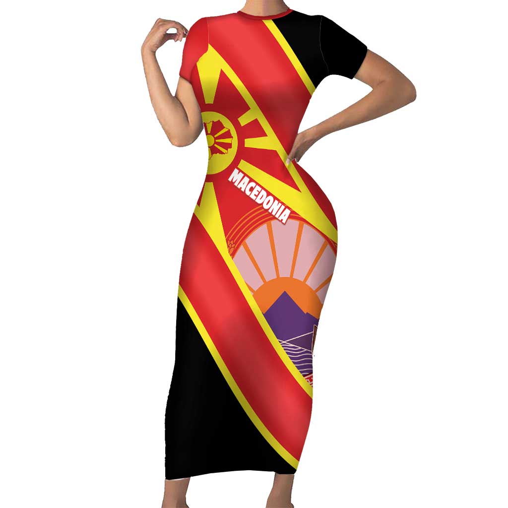 Personalised Macedonia National Day Short Sleeve Bodycon Dress New Sun of Liberty Waves Style - Wonder Print Shop