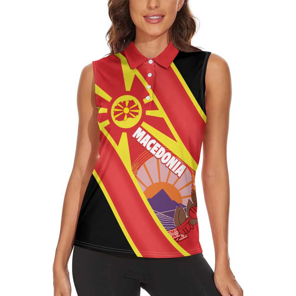 Personalised Macedonia National Day Women Sleeveless Polo Shirt New Sun of Liberty Waves Style - Wonder Print Shop