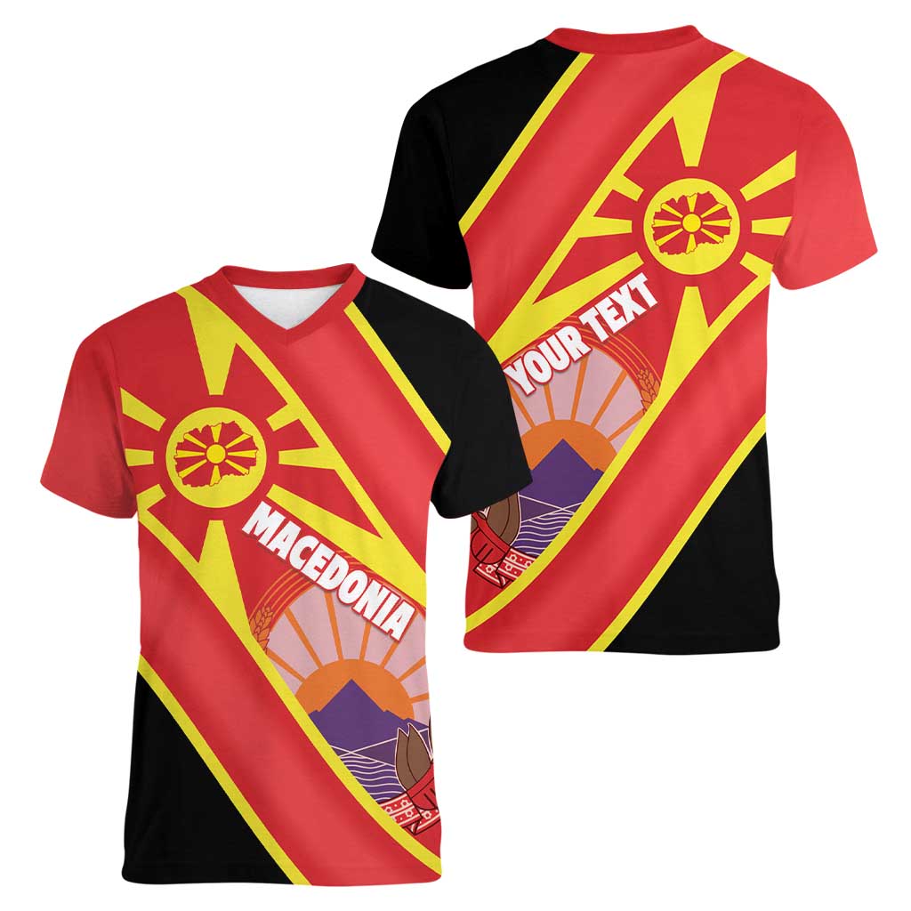 Personalised Macedonia National Day Women V-Neck T-Shirt New Sun of Liberty Waves Style - Wonder Print Shop