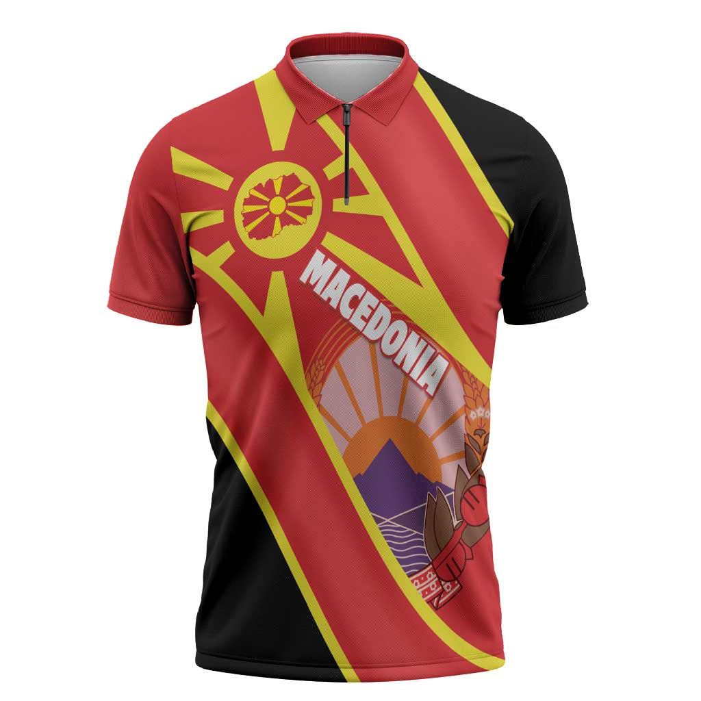 Personalised Macedonia National Day Zipper Polo Shirt New Sun of Liberty Waves Style - Wonder Print Shop