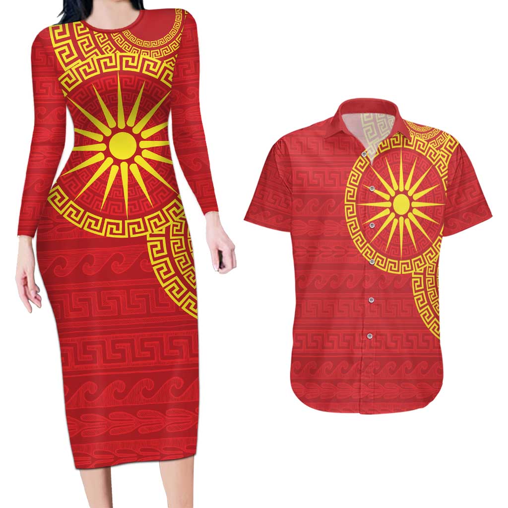 Vergina Sun Macedonia Couples Matching Long Sleeve Bodycon Dress and Hawaiian Shirt Greek Pattern Red - Wonder Print Shop