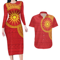 Vergina Sun Macedonia Couples Matching Long Sleeve Bodycon Dress and Hawaiian Shirt Greek Pattern Red - Wonder Print Shop