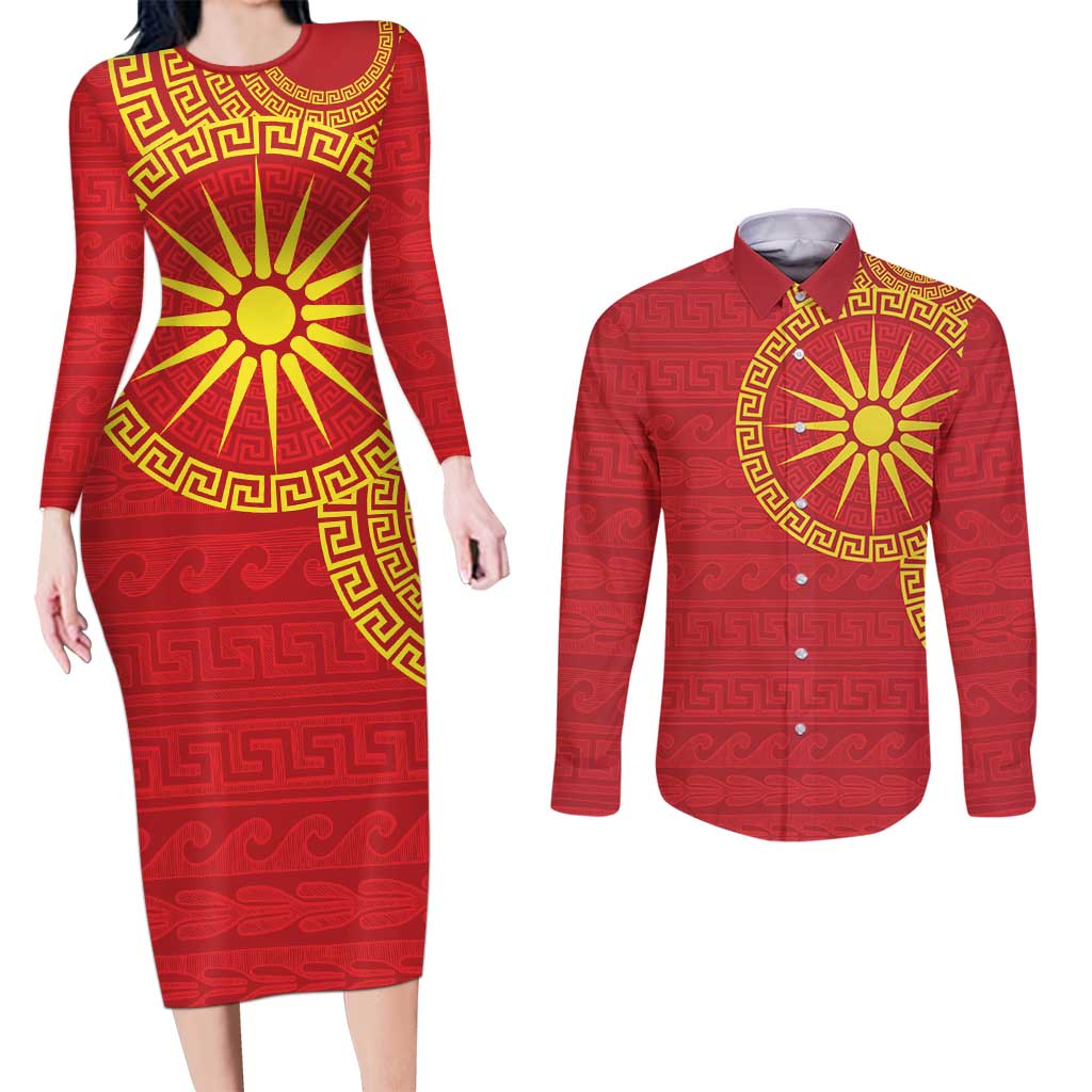 Vergina Sun Macedonia Couples Matching Long Sleeve Bodycon Dress and Long Sleeve Button Shirt Greek Pattern Red - Wonder Print Shop