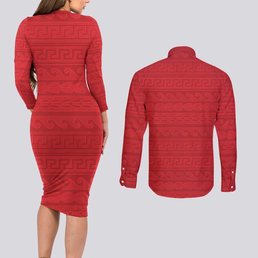 Vergina Sun Macedonia Couples Matching Long Sleeve Bodycon Dress and Long Sleeve Button Shirt Greek Pattern Red - Wonder Print Shop