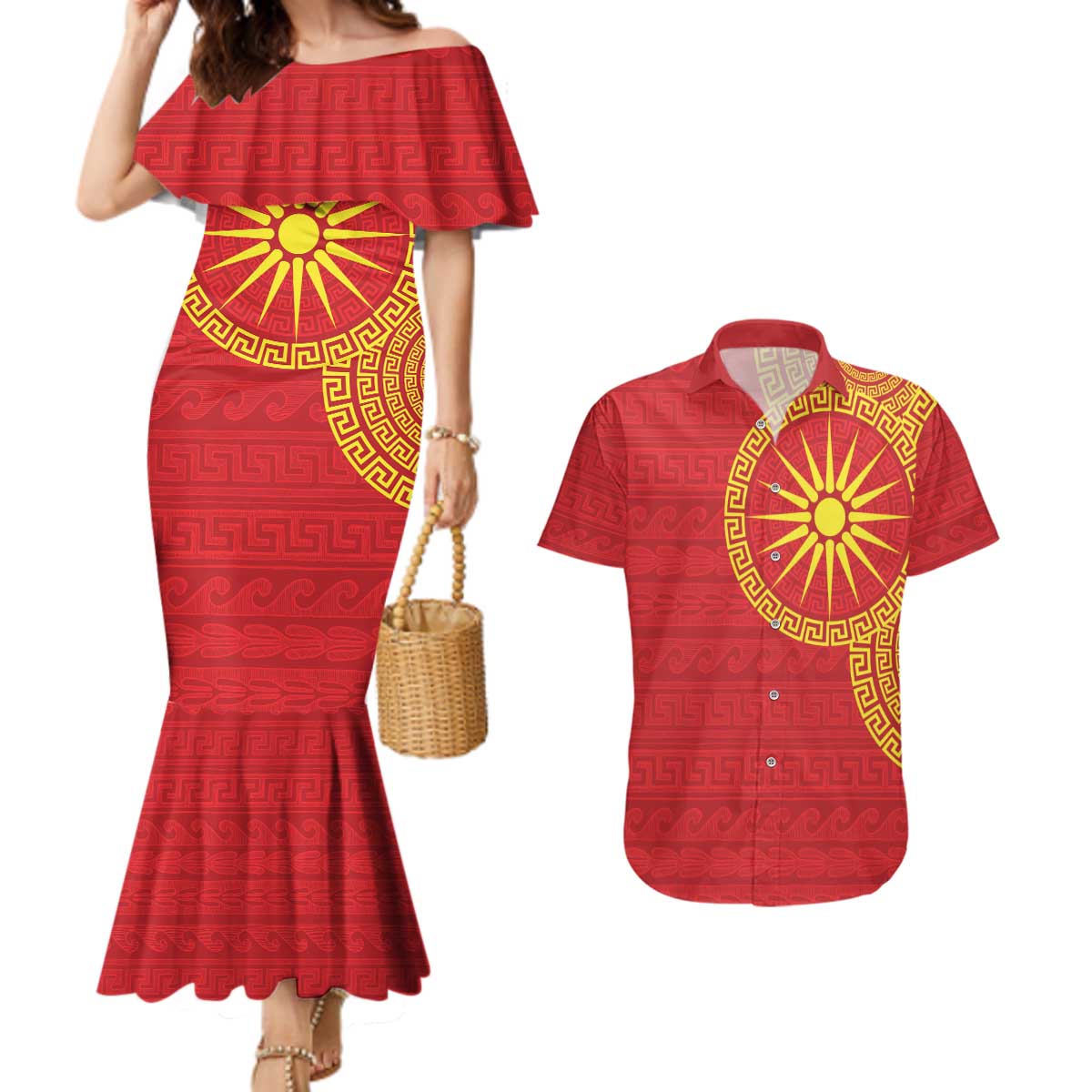 Vergina Sun Macedonia Couples Matching Mermaid Dress and Hawaiian Shirt Greek Pattern Red - Wonder Print Shop