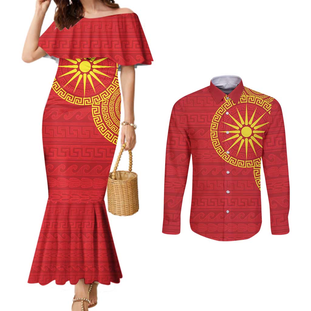Vergina Sun Macedonia Couples Matching Mermaid Dress and Long Sleeve Button Shirt Greek Pattern Red - Wonder Print Shop