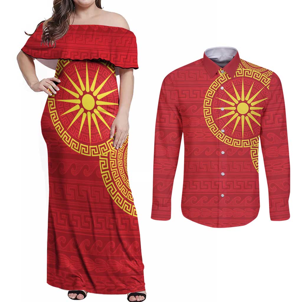 Vergina Sun Macedonia Couples Matching Off Shoulder Maxi Dress and Long Sleeve Button Shirt Greek Pattern Red - Wonder Print Shop