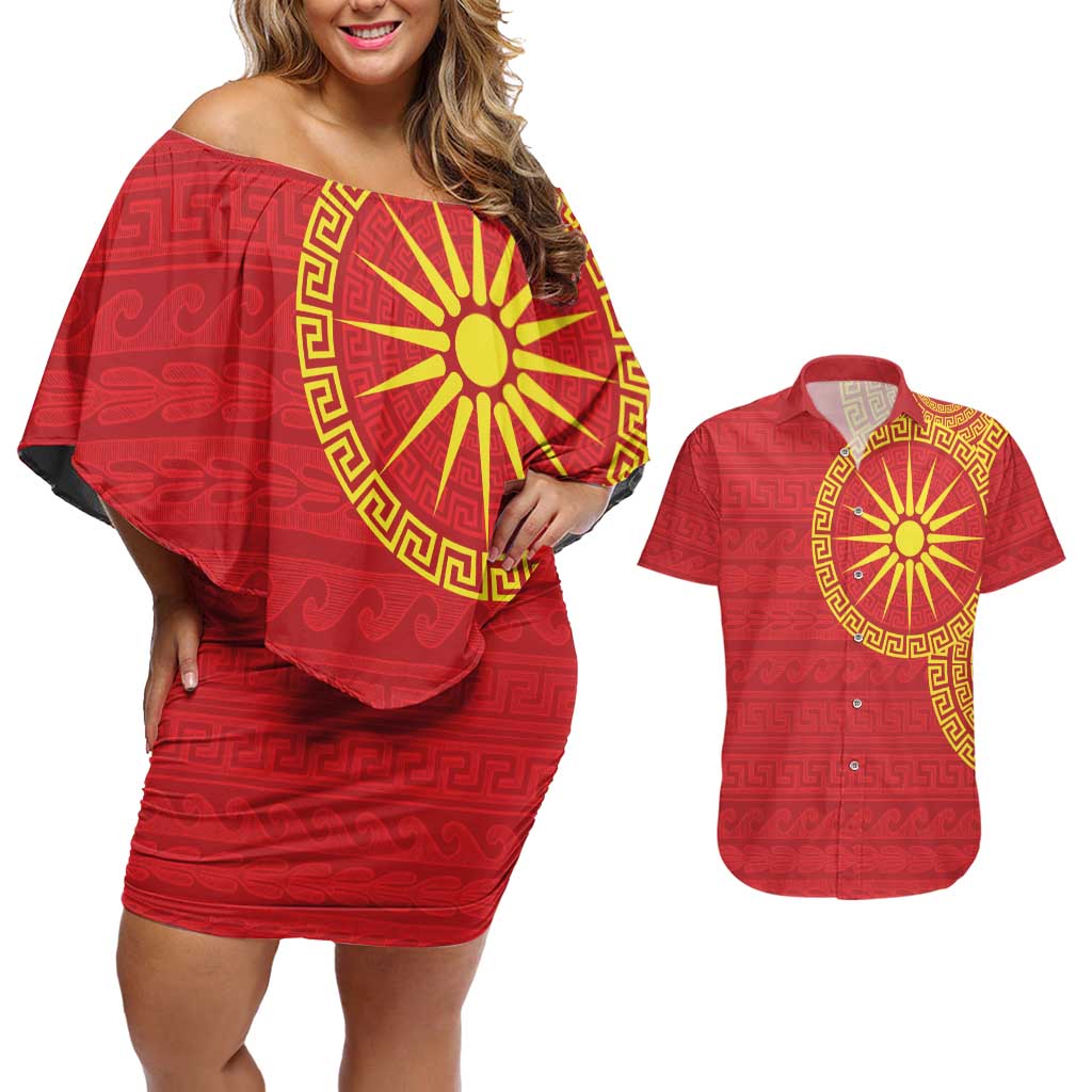 Vergina Sun Macedonia Couples Matching Off Shoulder Short Dress and Hawaiian Shirt Greek Pattern Red - Wonder Print Shop