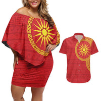Vergina Sun Macedonia Couples Matching Off Shoulder Short Dress and Hawaiian Shirt Greek Pattern Red - Wonder Print Shop