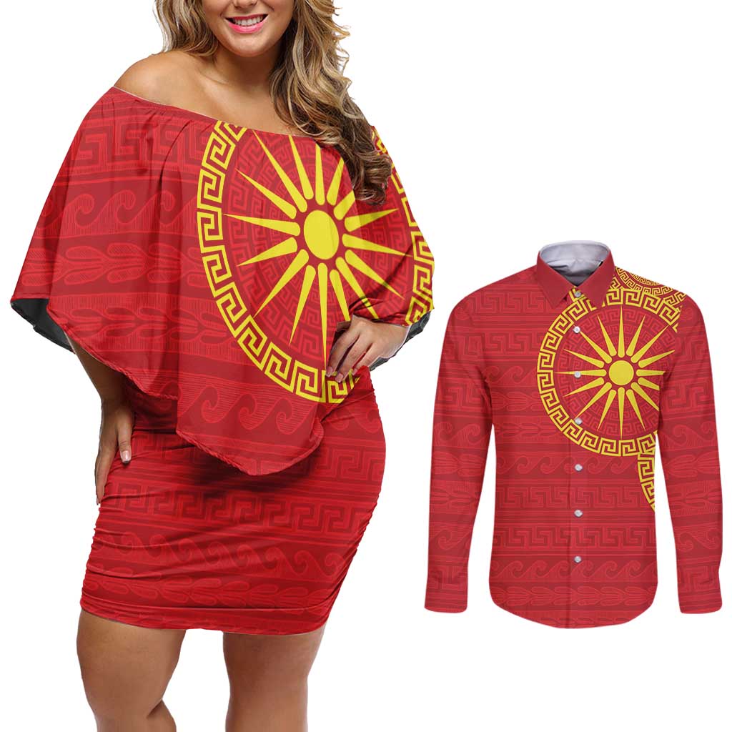 Vergina Sun Macedonia Couples Matching Off Shoulder Short Dress and Long Sleeve Button Shirt Greek Pattern Red - Wonder Print Shop
