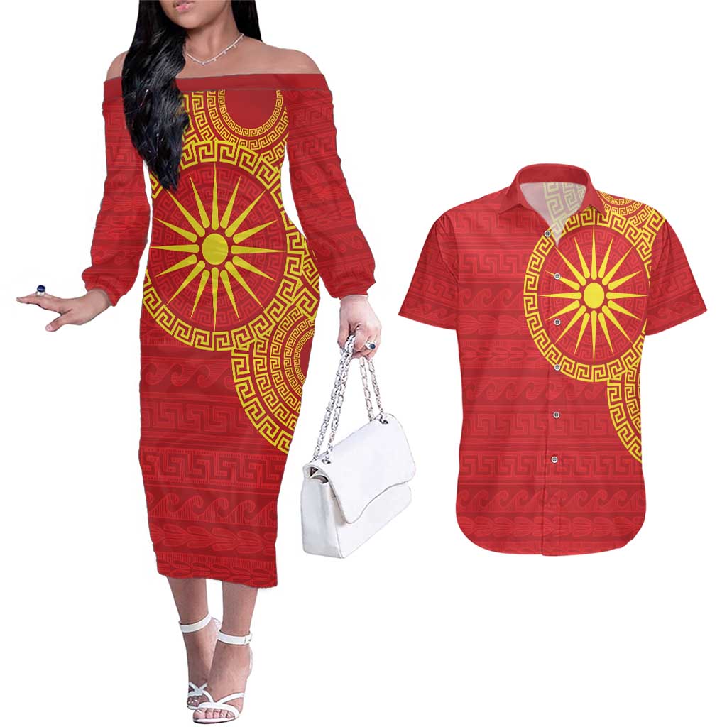 Vergina Sun Macedonia Couples Matching Off The Shoulder Long Sleeve Dress and Hawaiian Shirt Greek Pattern Red - Wonder Print Shop