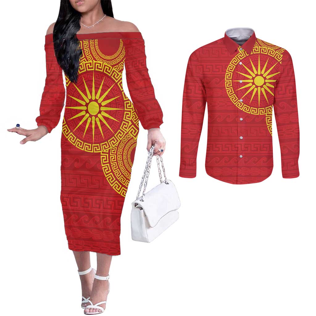Vergina Sun Macedonia Couples Matching Off The Shoulder Long Sleeve Dress and Long Sleeve Button Shirt Greek Pattern Red - Wonder Print Shop