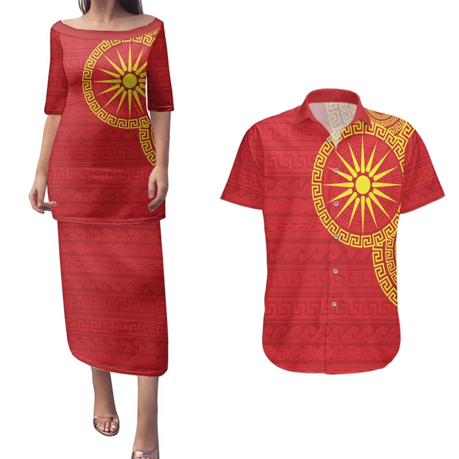 Vergina Sun Macedonia Couples Matching Puletasi and Hawaiian Shirt Greek Pattern Red - Wonder Print Shop