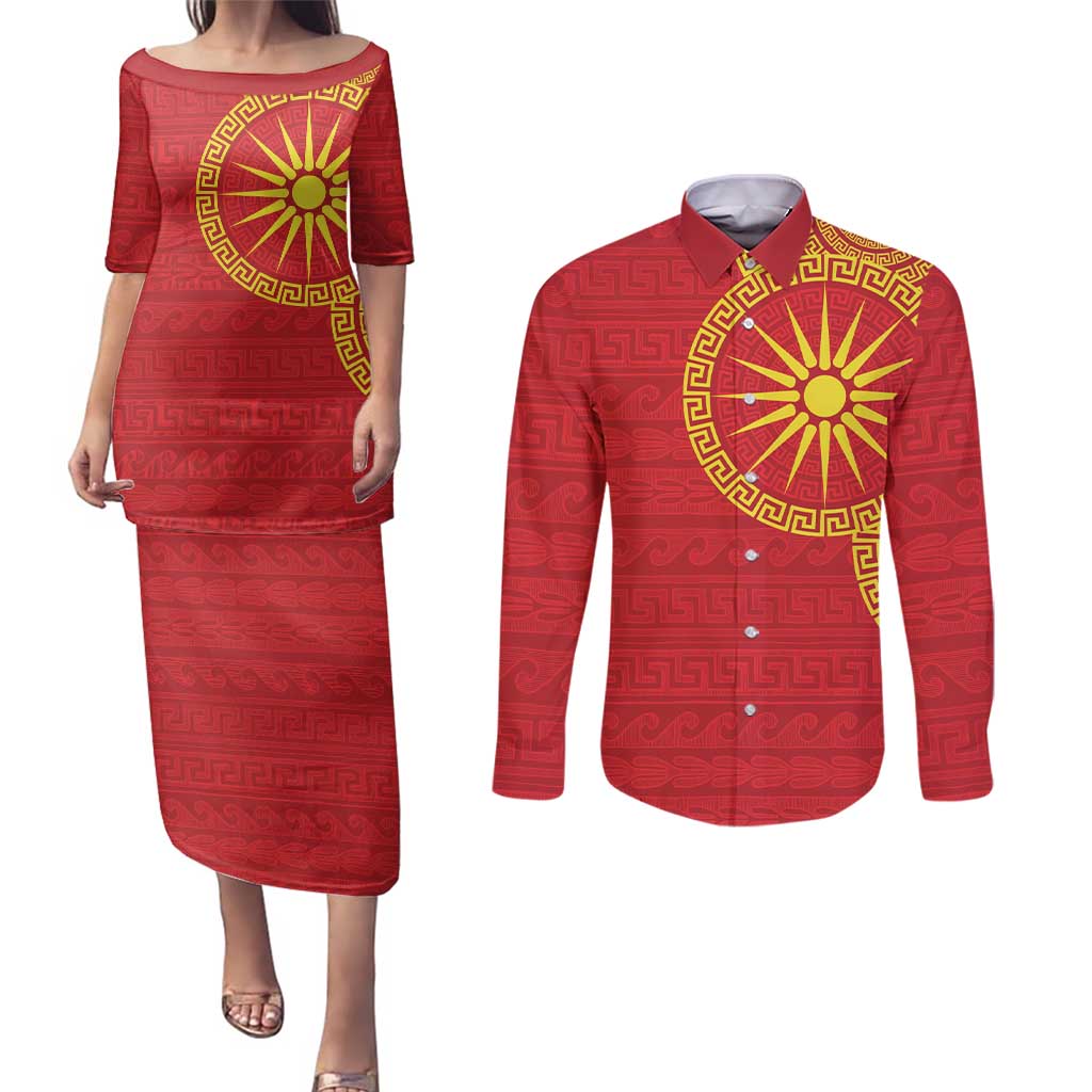 Vergina Sun Macedonia Couples Matching Puletasi and Long Sleeve Button Shirt Greek Pattern Red - Wonder Print Shop