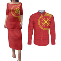 Vergina Sun Macedonia Couples Matching Puletasi and Long Sleeve Button Shirt Greek Pattern Red - Wonder Print Shop