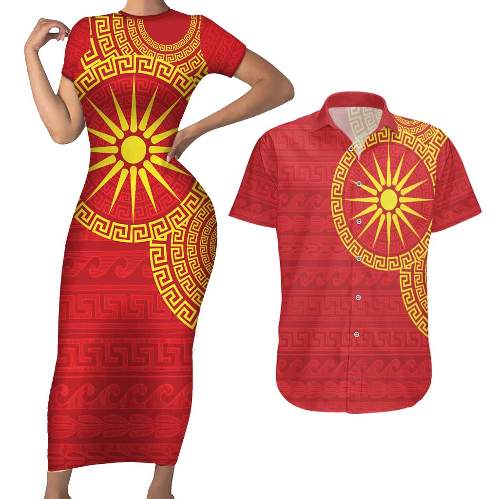 Vergina Sun Macedonia Couples Matching Short Sleeve Bodycon Dress and Hawaiian Shirt Greek Pattern Red - Wonder Print Shop
