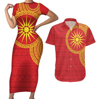 Vergina Sun Macedonia Couples Matching Short Sleeve Bodycon Dress and Hawaiian Shirt Greek Pattern Red - Wonder Print Shop
